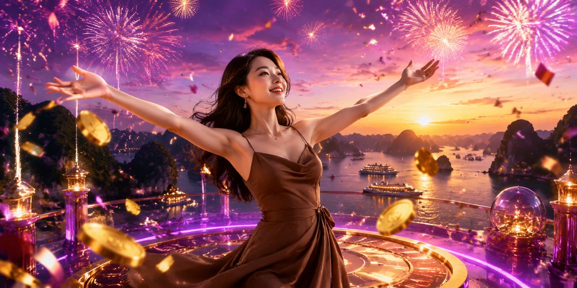 Khung cảnh vịnh Hạ Long buổi sáng, người dùng ngồi trên thuyền kiểm tra thông tin rebate bonus trên điện thoại